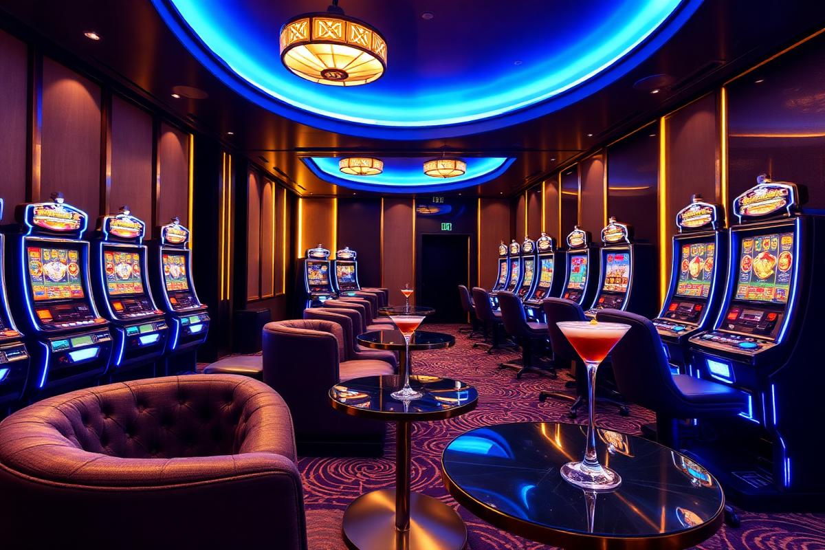 Stylish Australian VIP gaming room with plush seating, ambient lighting, and modern pokies machines