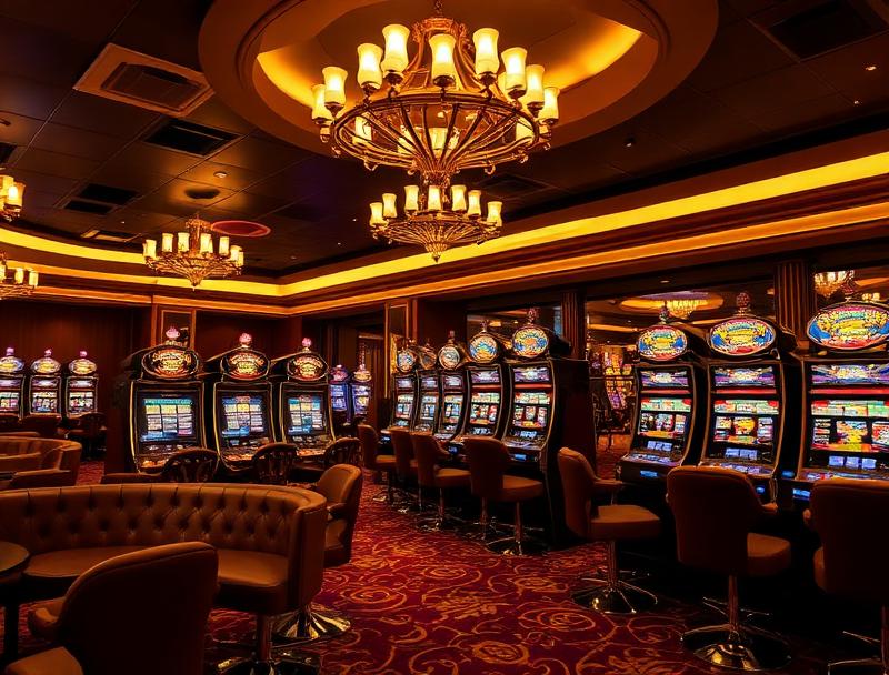 The Crown Lounge interior showing sleek pokies machines, plush seating and chandelier lighting in Melbourne