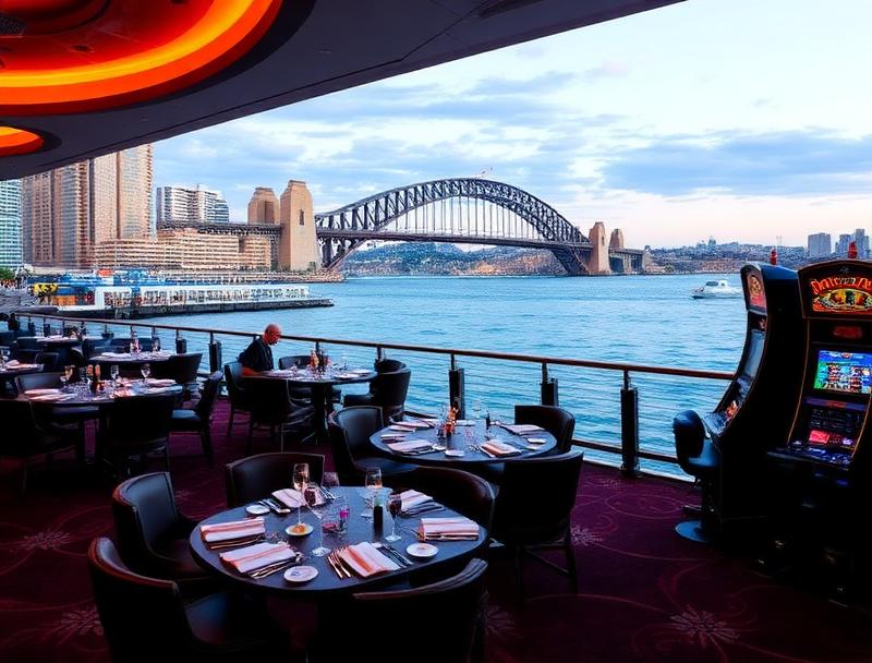 Harbour VIP Gaming waterfront dining area and pokies floor with Sydney harbour backdrop