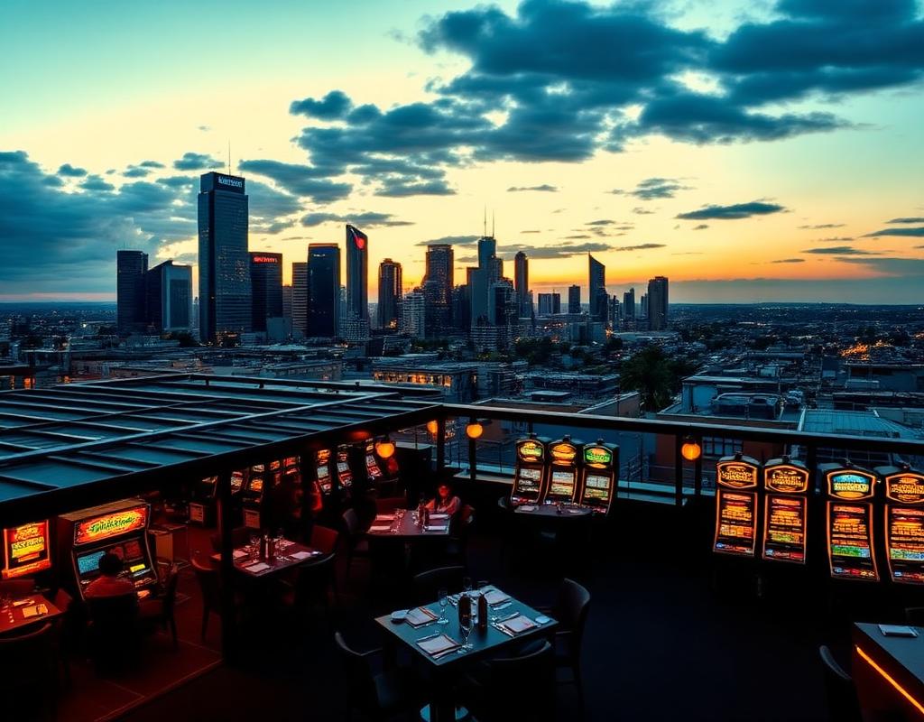Perth Grand Gaming modern steakhouse and pokies floor with city skyline views